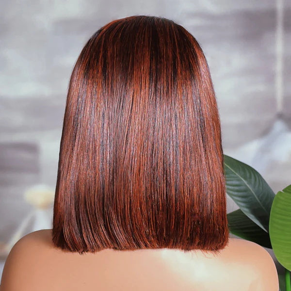 Rose Hair Angled Sleek Reddish Highlights Color Straight Hair 13x4 Lace Bob Wig Human Hair Wig