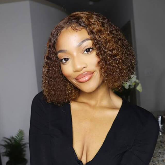 Highlight Deep Curly Wig 4/27 Ombre Honey Blonde Bouncy Curly Transparent Lace Front Human Hair Wigs