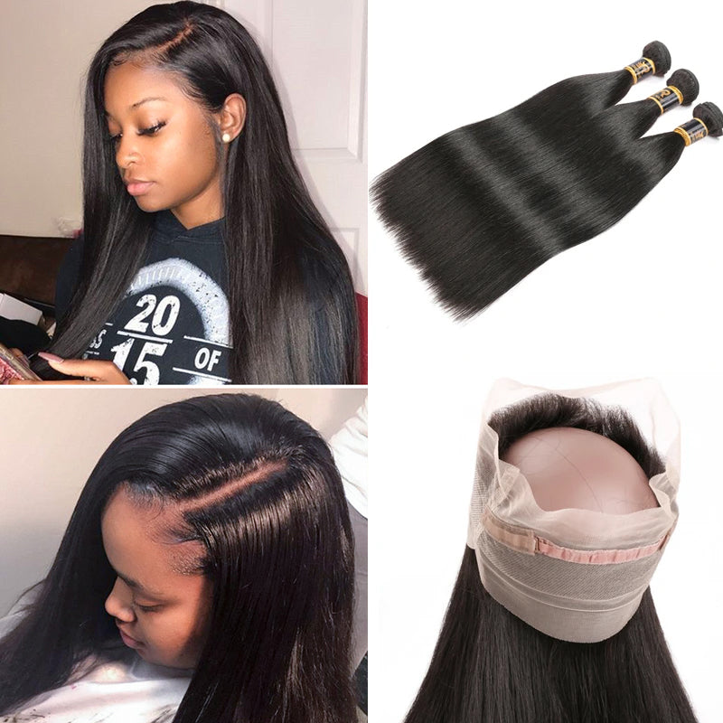 10A Grade 3 Bundles Brazilian Straight Virgin Hair With 1 PCS Per Plucked 360 Lace Frontal - Rose Hair