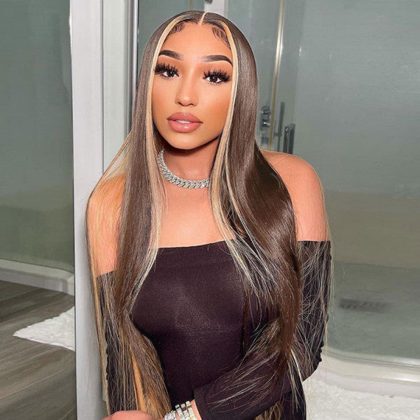 Rose Hair Highlight Hair Straight Lace Front Human Hair Wigs Ombre Color Wigs 150% Density