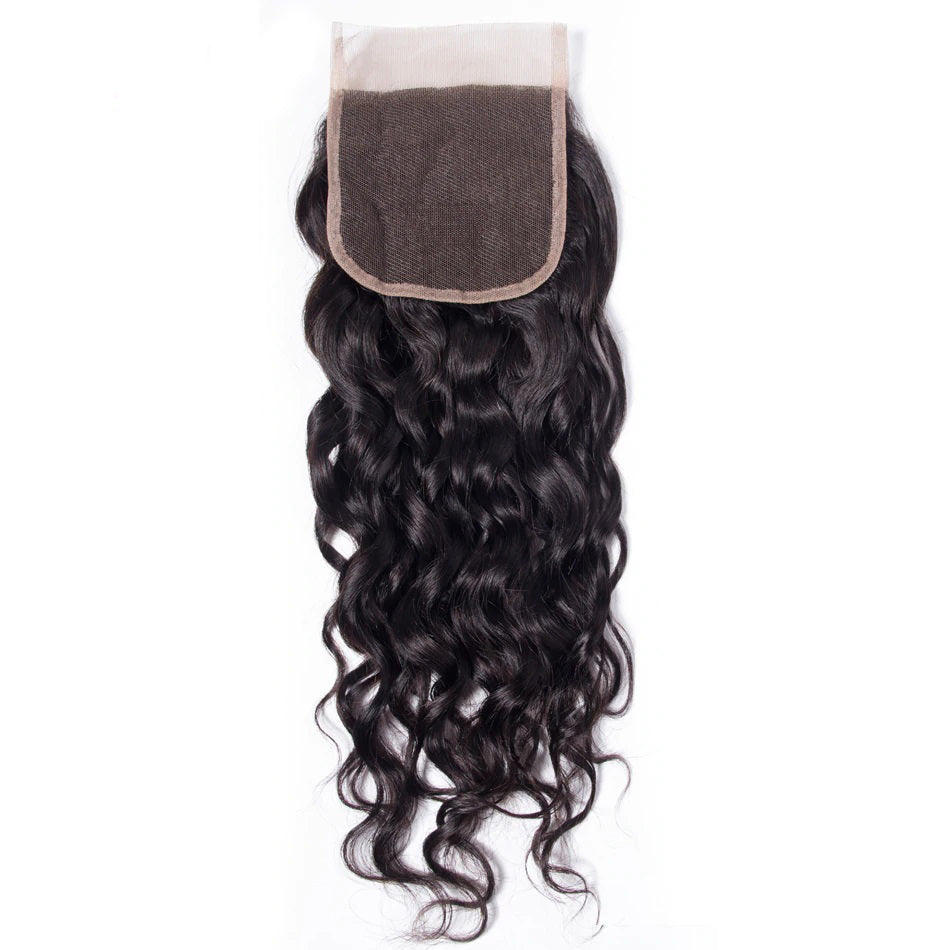 10A Grade 3 Bundles Brazilian Water Wave Virgin Hair with 1 PCS Per Plucked 4*4 Lace Closure - Rose Hair