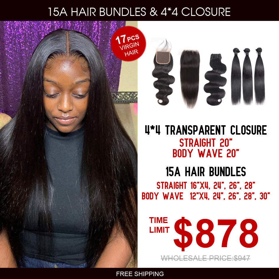 15A Grade Hair Bundles with 4*4 Transparent Closure Package Deal - Rose Hair