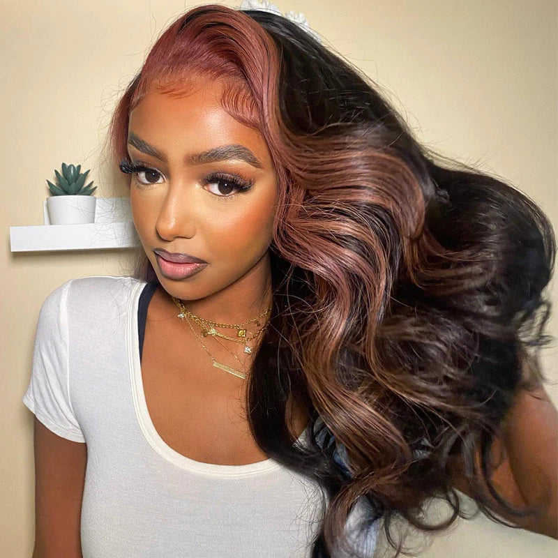 Dry Rose Highlight Ombre Color Wig 13x4 Transparent Lace Frontal Wig Body Wave Pre Plucked With Baby Hair
