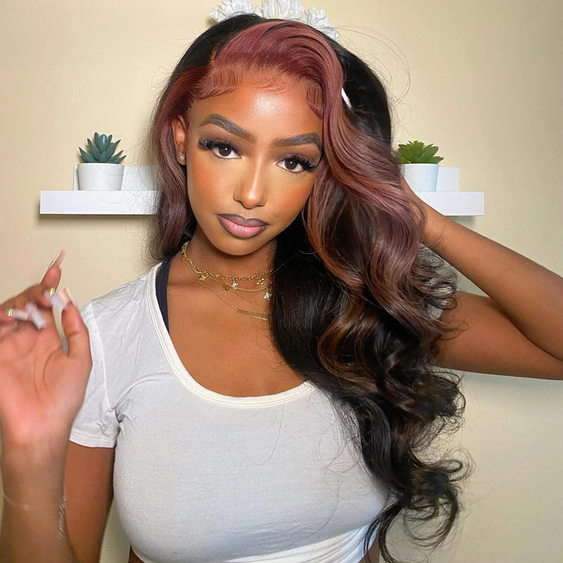 Dry Rose Highlight Ombre Color Wig 13x4 Transparent Lace Frontal Wig Body Wave Pre Plucked With Baby Hair