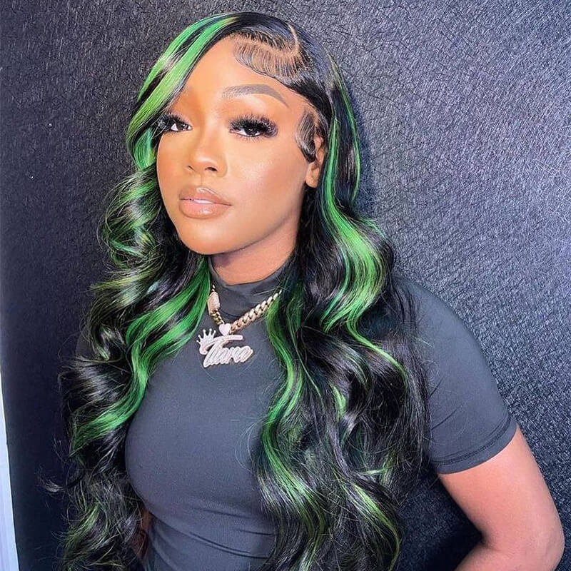 Rose Hair Green Highlights Color Body Wave Human Hair 13x4 HD Lace Front Wigs Free Part