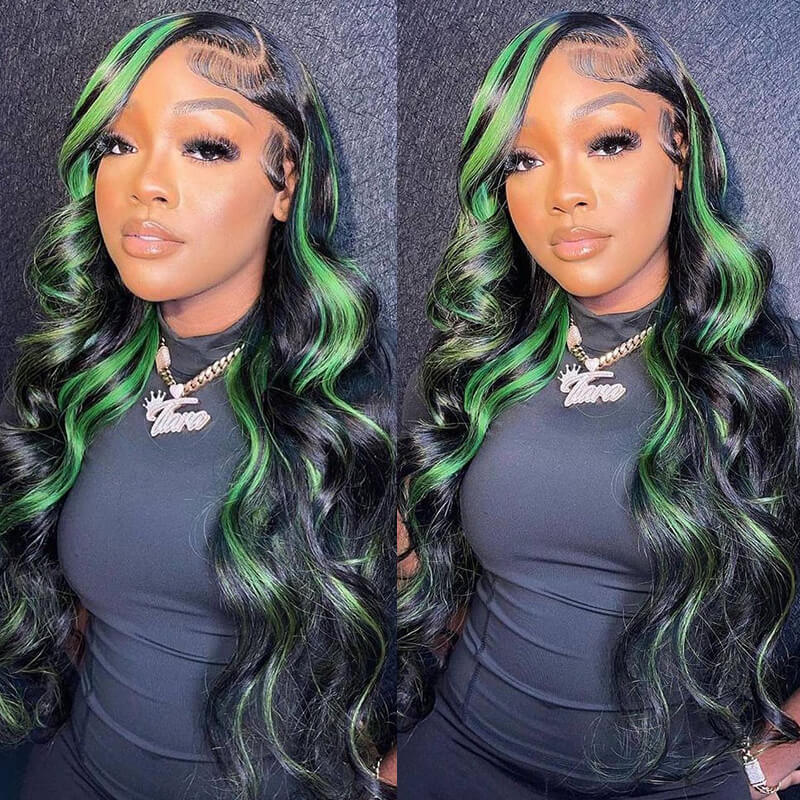 Rose Hair Green Highlights Color Body Wave Human Hair 13x4 HD Lace Front Wigs Free Part