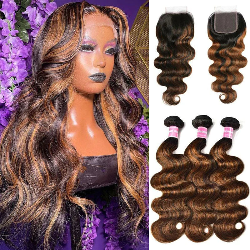 Balayage Highlights Ombre Color 3 Bundles with 4x4 Lace Closure Pre Plucked Free Part Hair Bundles Body Wave
