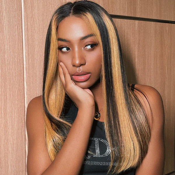 Dark Roots Chunky Highlights 13x4 Lace Front Bob Wig Balayage Money Piece Human Hair