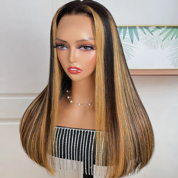 Dark Roots Chunky Highlights 13x4 Lace Front Bob Wig Balayage Money Piece Human Hair