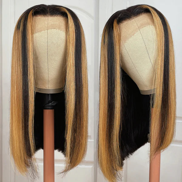 Dark Roots Chunky Highlights 13x4 Lace Front Bob Wig Balayage Money Piece Human Hair