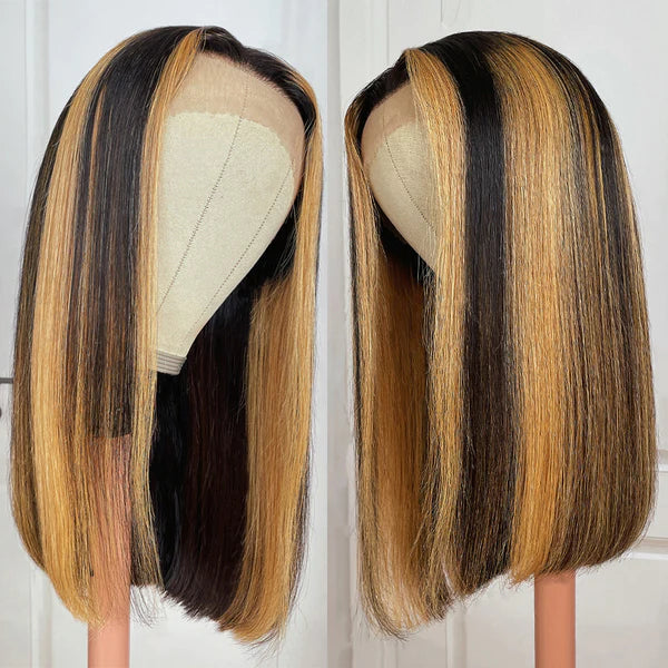 Dark Roots Chunky Highlights 13x4 Lace Front Bob Wig Balayage Money Piece Human Hair