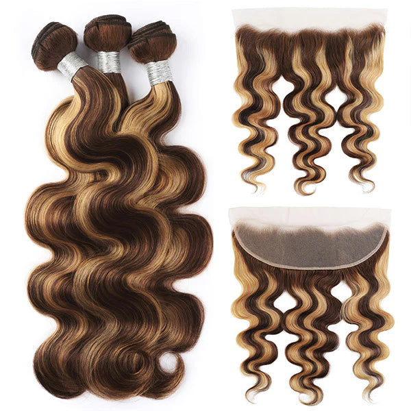 Honey Blonde Highlight Body Wave Hair 3 Bundles with 13x4 Lace Frontal P4/27