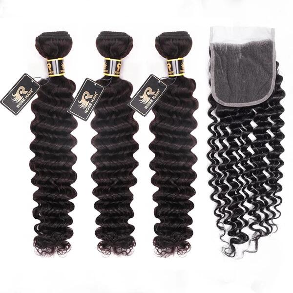 Rosehair 10A Grade Brazilian Deep Wave 3 Bundles Virgin Hair With 4*4 Lace Closure - Rose Hair