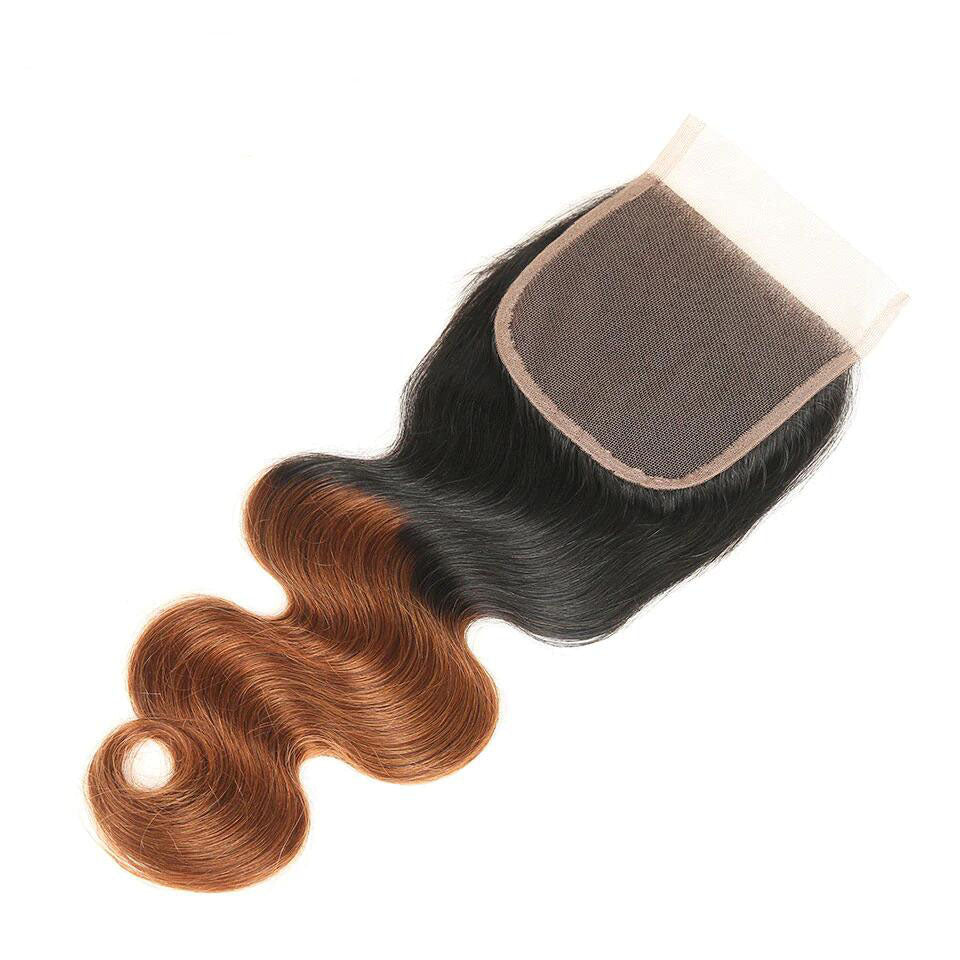 10A Grade 3 Bundles T1B/4/30 Color Brazilian Virgin Hair With 1 PCS Per Plucked 4*4 Lace Closure - Rose Hair
