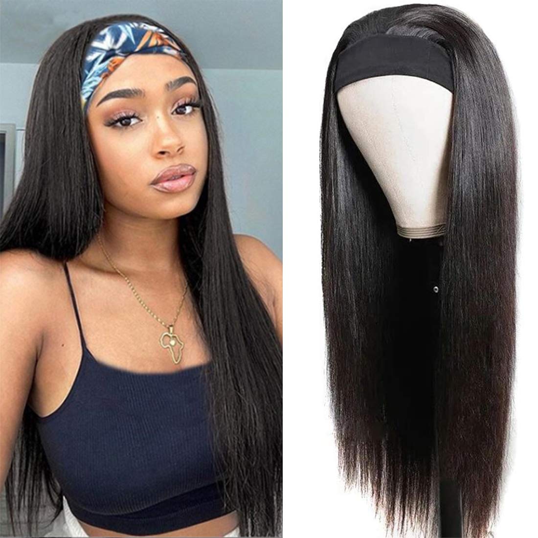 RoseHair Straight Hair Headband Wig Glueless Human Hair Wig With Pre-attached Scarf Half Wig 150% Density - Rose Hair