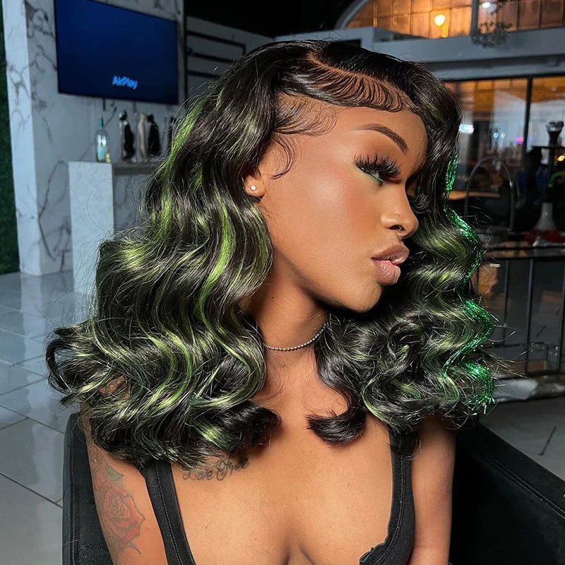 Rose Hair Green Highlights Color Body Wave Human Hair 13x4 HD Lace Front Wigs Free Part