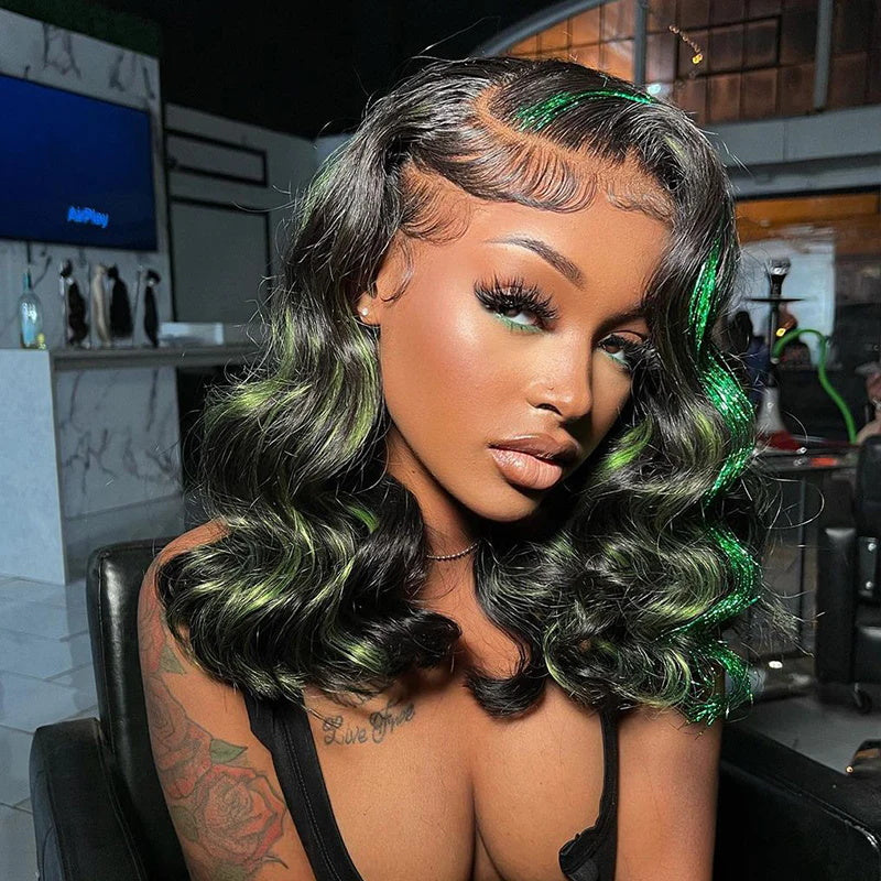 Rose Hair Green Highlights Color Body Wave Human Hair 13x4 HD Lace Front Wigs Free Part