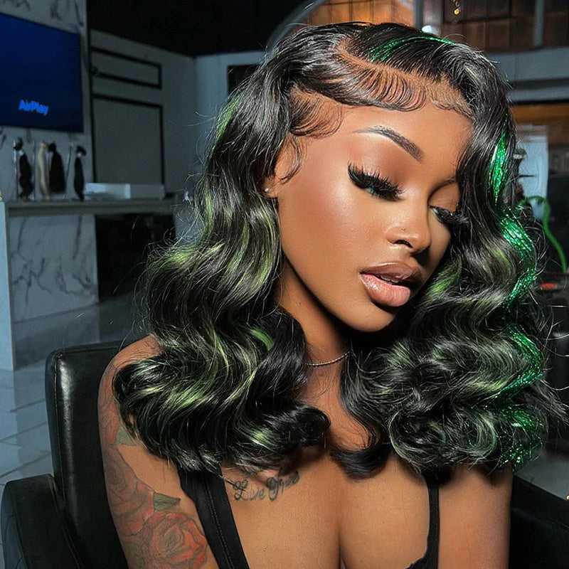 Rose Hair Green Highlights Color Body Wave Human Hair 13x4 HD Lace Front Wigs Free Part