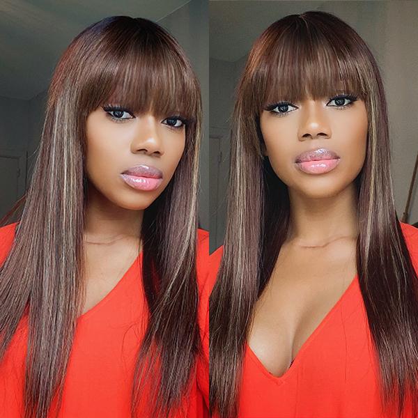 BALAYAGE COLOR HIGHLIGHTS GLUELESS WIG WITH BANGS 150%Density - Rose Hair