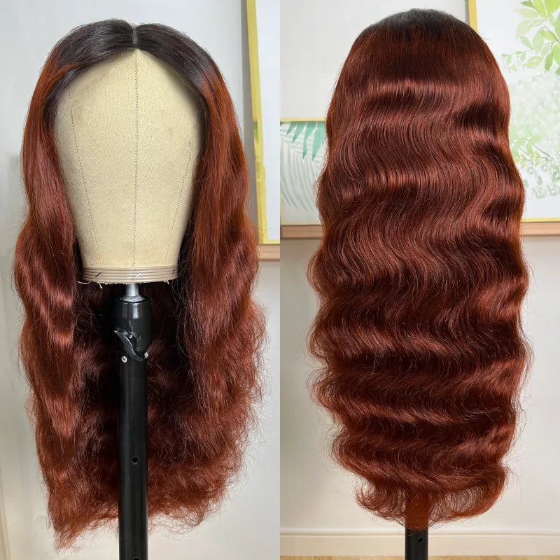 Reddish Brown Body Wave Human Hair V Part Wig With Dark Roots For Dark Skins