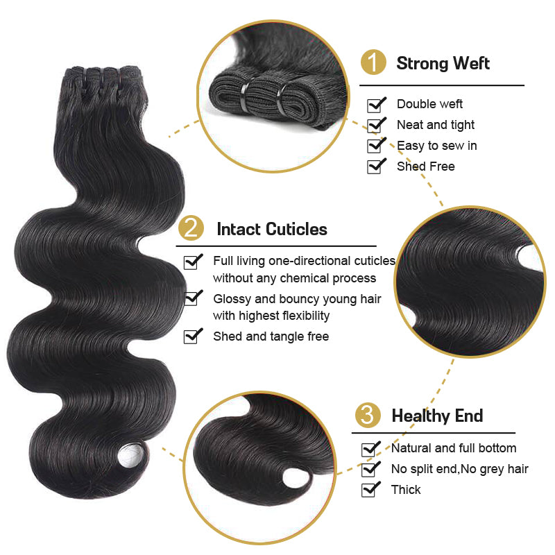Rosehair 15A Grade Double Drawn Full End Unprocessed 3 Bundles Body Wave Brazilian Hair Natural Black - Rose Hair