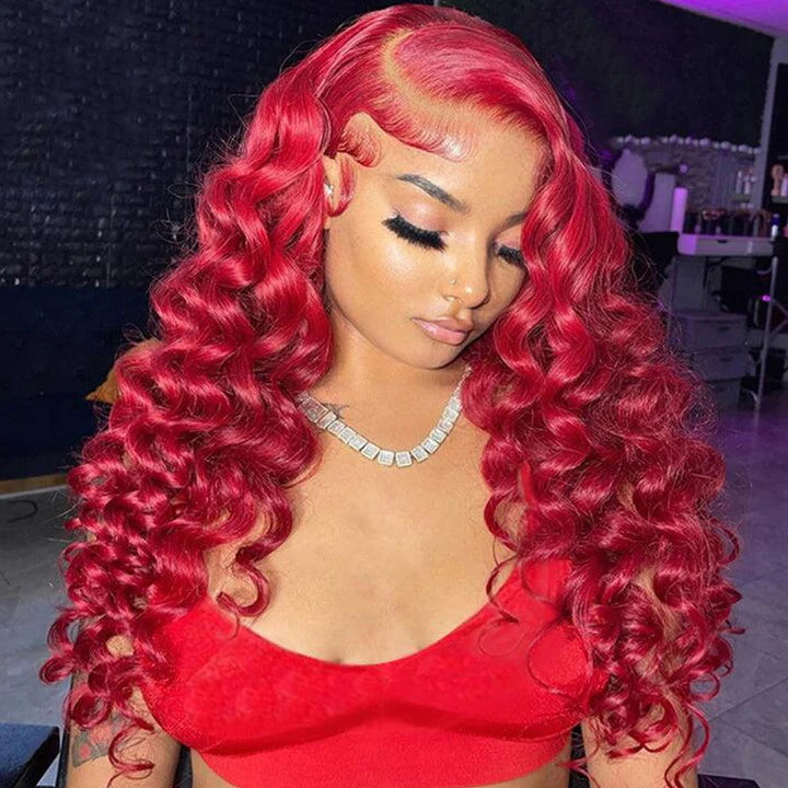 Gorgeous Red Color Loose Deep Wave Hair Undetectable 5x5 13x4 Lace Wigs 180% Density