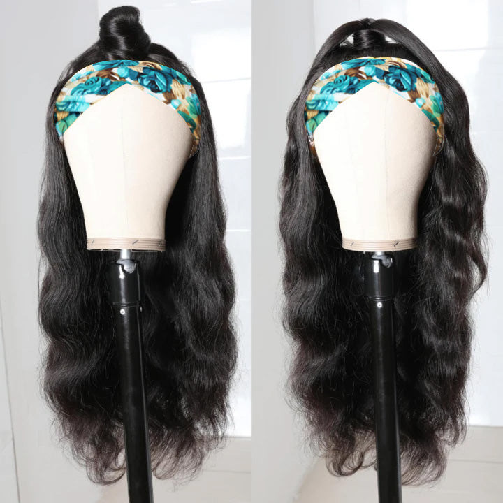 RoseHair Body Wave Headband Wig Glueless Human Hair Wig With Pre-attached Scarf Half Wig 150% Density - Rose Hair