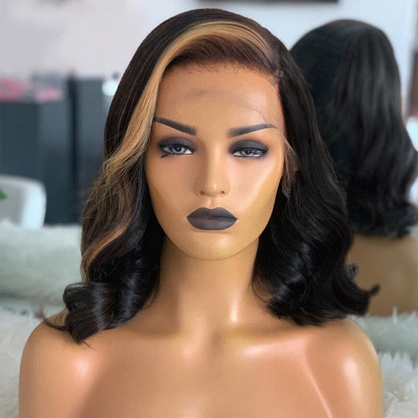 Highlight Bob Wigs Short Body Wave Bob Lace Front Wigs With Blonde Highlights In Front