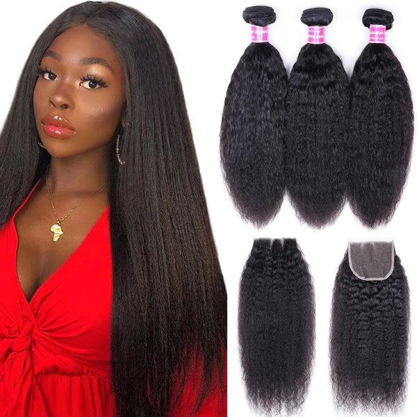 Malaysian Kinky Straight Hair 3 Bundles with 4*4 Lace Closure 100% Human Hair Weaving