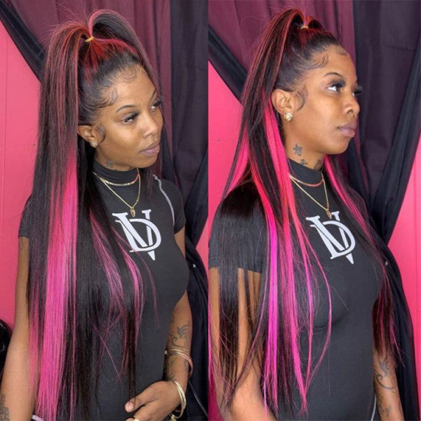Rose Hair Pink Highlights On Black Hair Straight Hair Wig With Pink Peekaboo Highlights