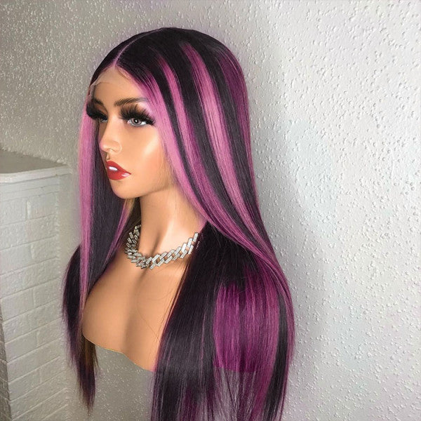 Rose Hair Pink Highlights On Black Hair Straight Hair Wig With Pink Peekaboo Highlights