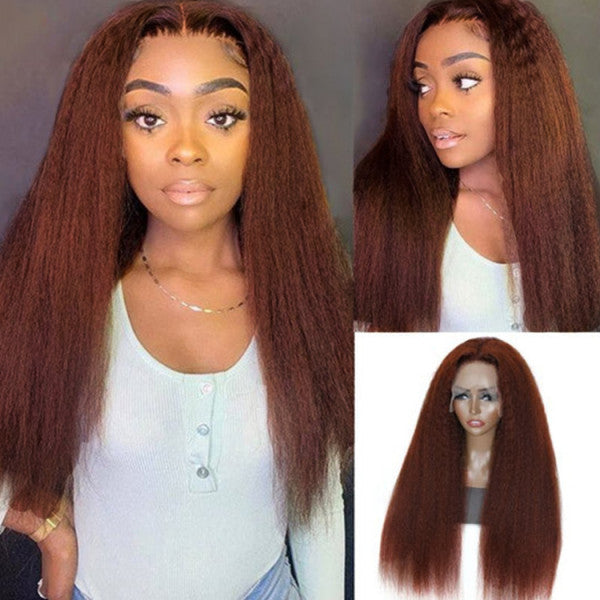 Rose Hair Kinky Straight Reddish Brown Color 13x4 Lace Front Wig With Natural Hairline