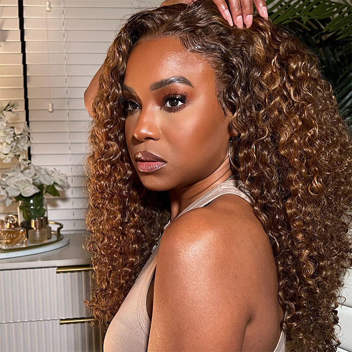 Highlight Piano Color Curly 5x5 HD Lace Wig Highlight Brown And Blonde Human Hair Wigs