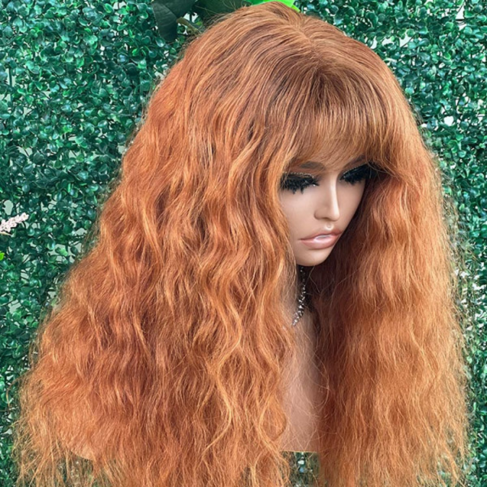 Rose Hair Orange Color Water Wave 5x5 Lace Closure Wig With Bangs Human Hair Wig For Women
