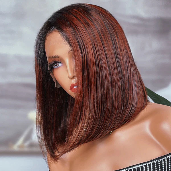 Rose Hair Angled Sleek Reddish Highlights Color Straight Hair 13x4 Lace Bob Wig Human Hair Wig