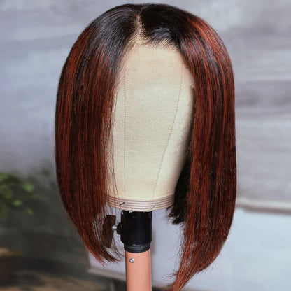 Rose Hair Angled Sleek Reddish Highlights Color Straight Hair 13x4 Lace Bob Wig Human Hair Wig