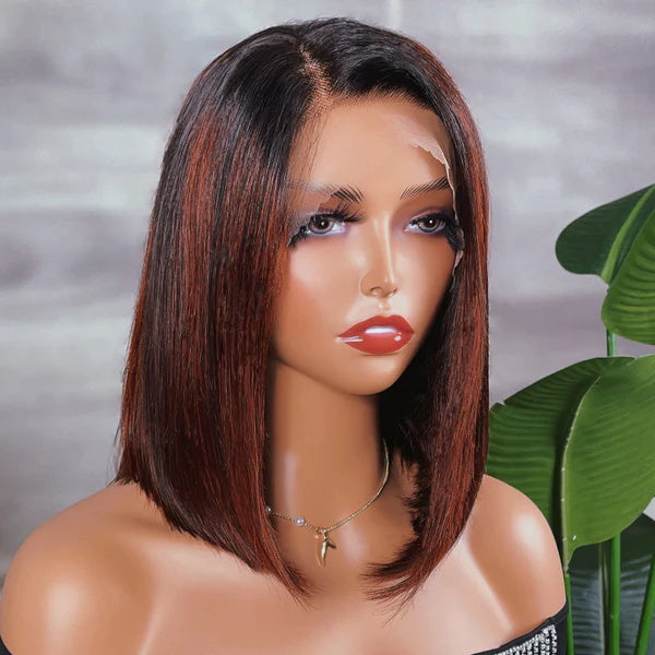 Rose Hair Angled Sleek Reddish Highlights Color Straight Hair 13x4 Lace Bob Wig Human Hair Wig