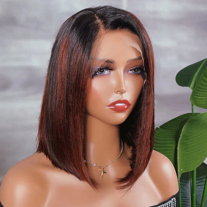 Rose Hair Angled Sleek Reddish Highlights Color Straight Hair 13x4 Lace Bob Wig Human Hair Wig