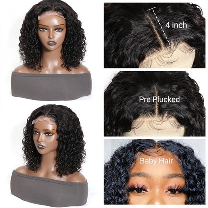 Rose Hair Water Wave Natural Black 4x4 Lace Bob Wig Human Hair Wig