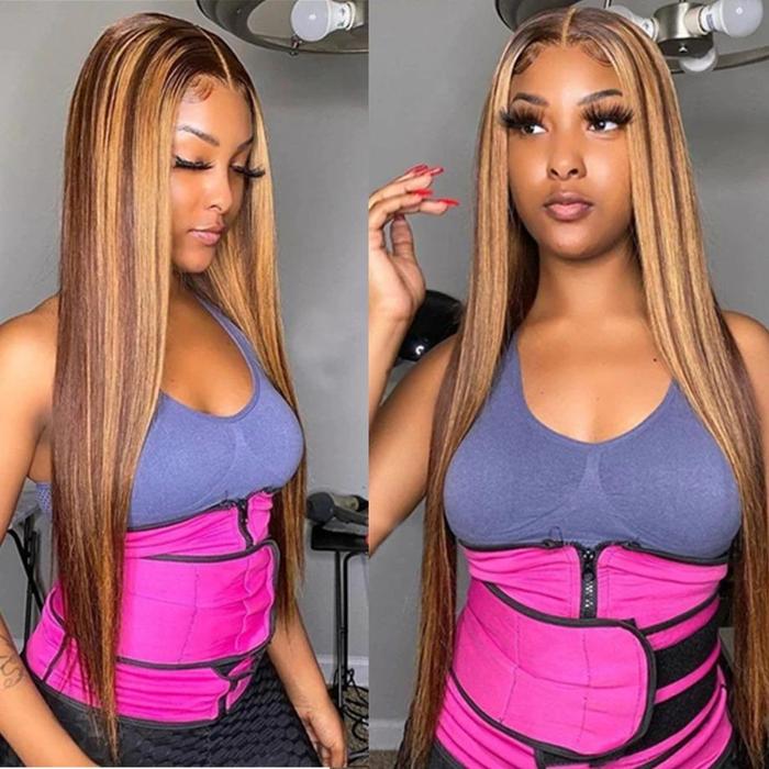 Balayage Highlights Color 13x4 Lace Frontal Wig 200% Density Straight Hair