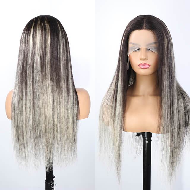 Platinum Blonde Highlights Transparent T Part Lace Frontal Wig Mix Color Wig 180% Density