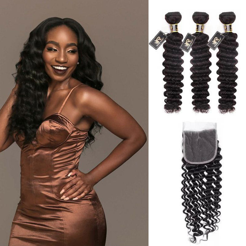Rosehair 10A Grade Brazilian Deep Wave 3 Bundles Virgin Hair With 4*4 Lace Closure - Rose Hair