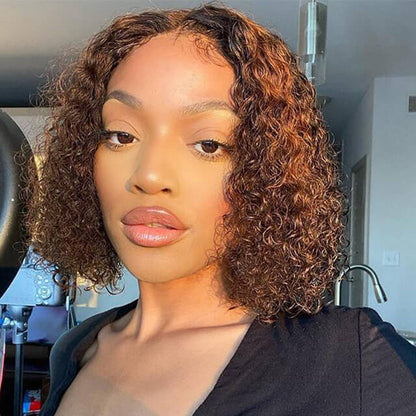 Deep Curly Bob Wig 4/27 Ombre Honey Blonde Piano Highlights Color Wig Bouncy Curly T Part Human Hair Wigs