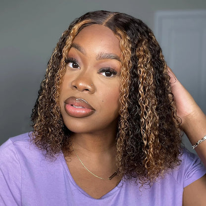 Deep Curly Bob Wig 4/27 Ombre Honey Blonde Piano Highlights Color Wig Bouncy Curly T Part Human Hair Wigs