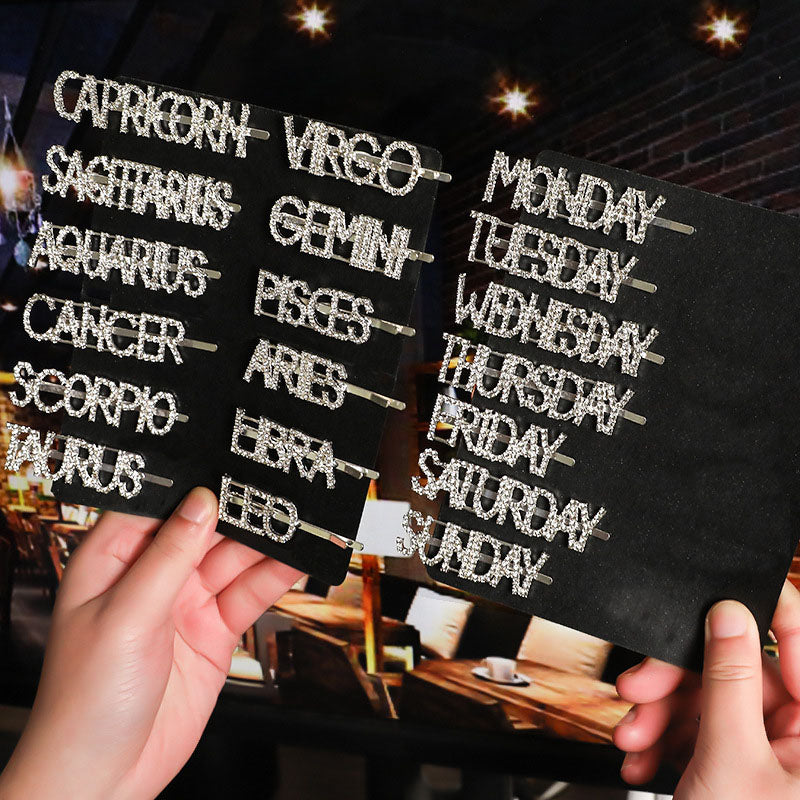 Twelve Constellations Fashion Rhinestone Letter Bobby Pin, Word Crystal Hair pin, Metal Hair Clips, Sparkly Hair Accessories for Women - Rose Hair