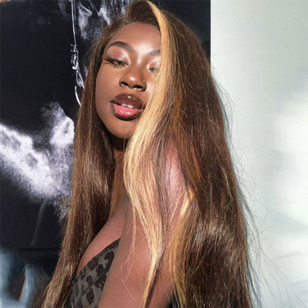 Rose Hair Highlight Hair Straight Lace Front Human Hair Wigs Ombre Color Wigs 150% Density