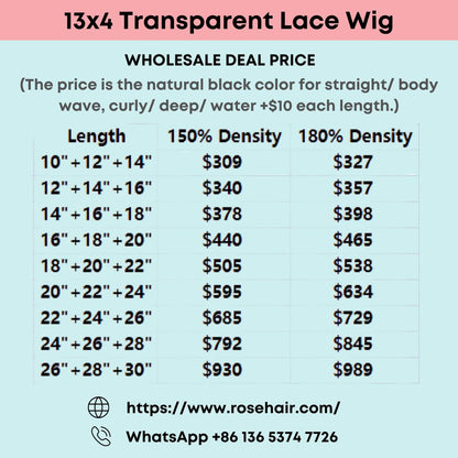 Rose Hair 3PCS 13x4 Transparent Lace Wigs 150%/ 180% Density Wholesale Package Deal Free Shipping