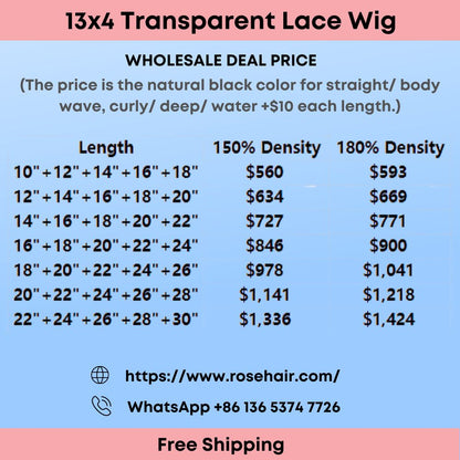 Rose Hair 5PCS 13x4 Transparent Lace Wigs 150%/ 180% Density Wholesale Package Deal Free Shipping