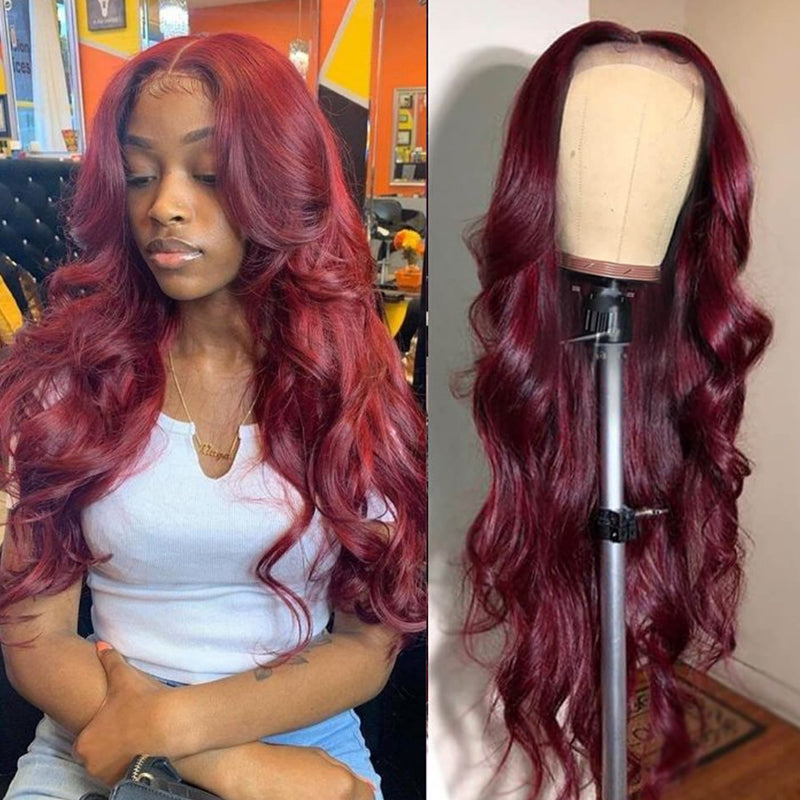 Rose Hair Human Virgin Hair Burgundy Color Hair Lace Frontal Loose Wave Wig - Rose Hair