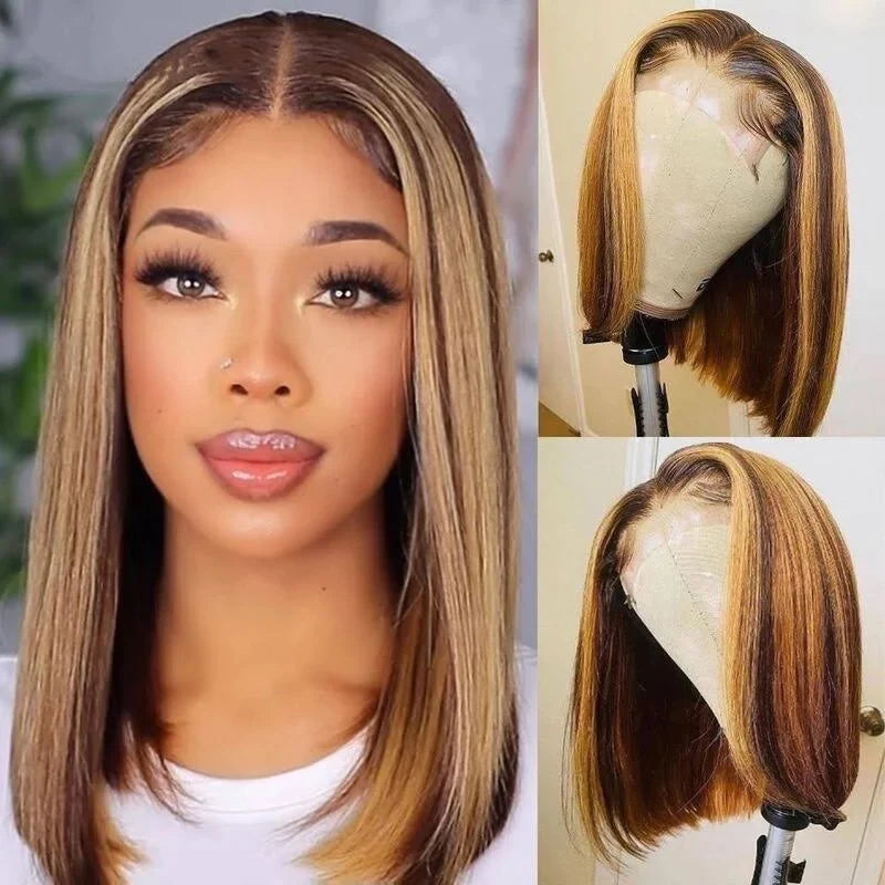Rose Hair Honey Blonde Piano Highlights Color Straight Hair 4x4 Lace Bob Wig Human Hair Wig